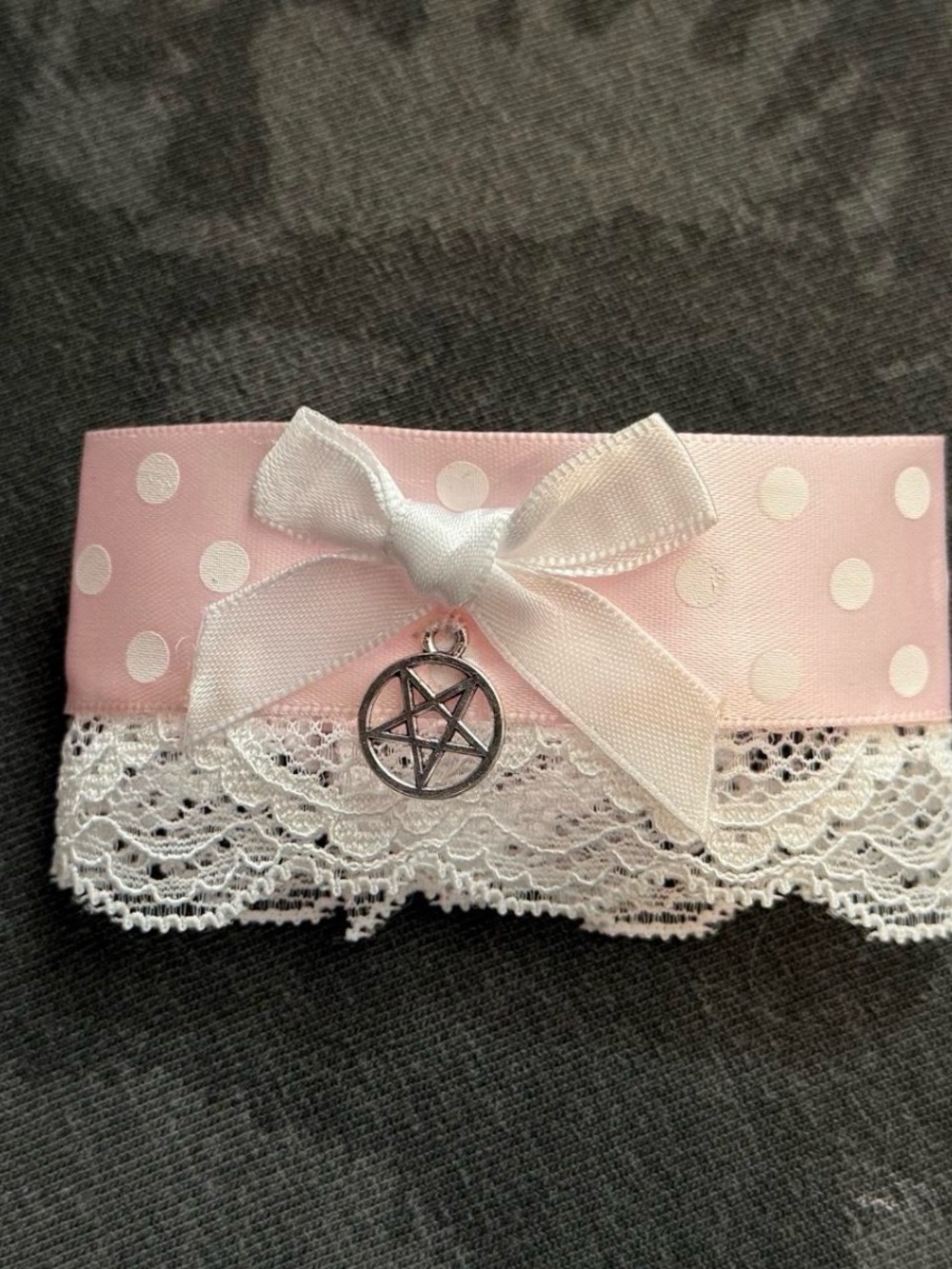 Pink Polka Dot Lace Bracelet with Bow and Pentagram Charm